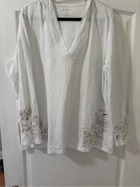 Eddie Bauer White V-Neck pullover lightweight cotton hoodie XXL Embroidery